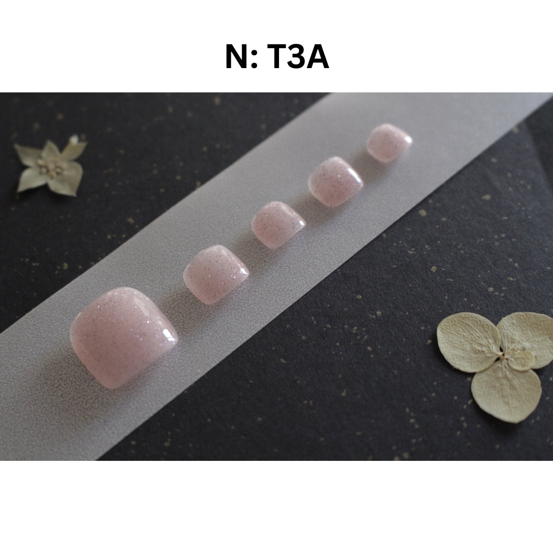 🌸 T3A – Natural Pink Sparkle Press-On Toe Nails