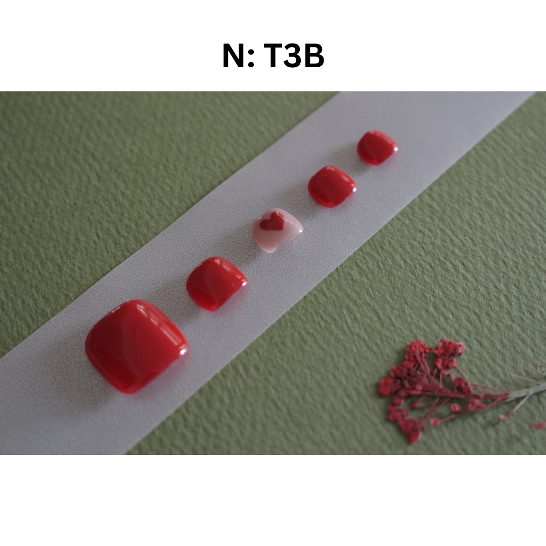 ❤️ T3B – Red & Heart Accent Press-On Toe Nails