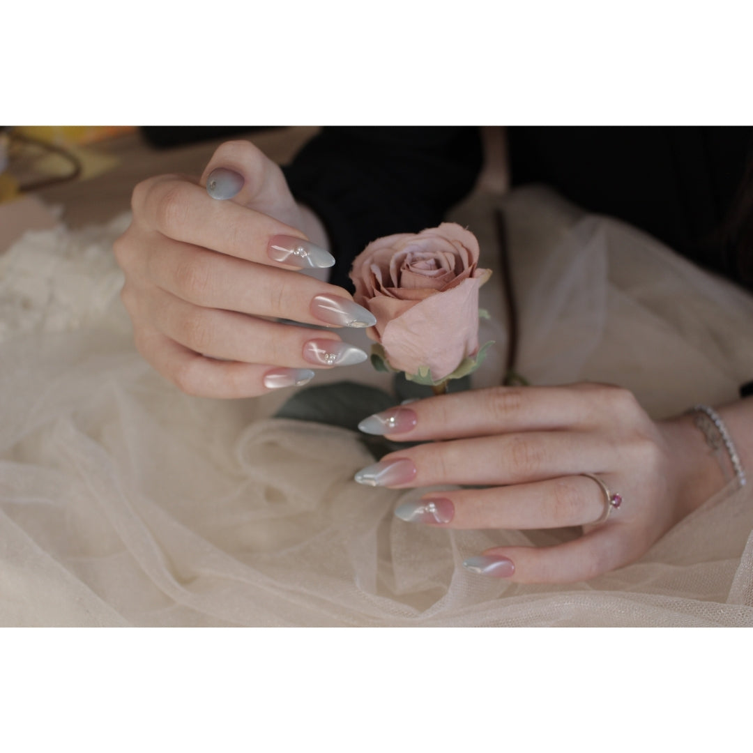 ✨N: 90 Almond Pink & Gray Ombre Pearl Press-On Nails.