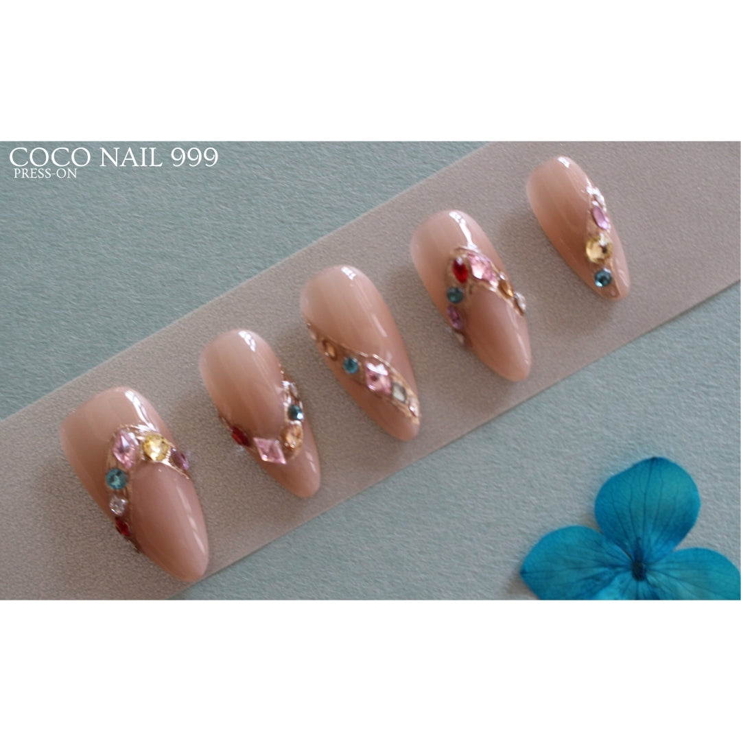 ✨N: 85 Almond Gemstone Nude Press-On Nails.