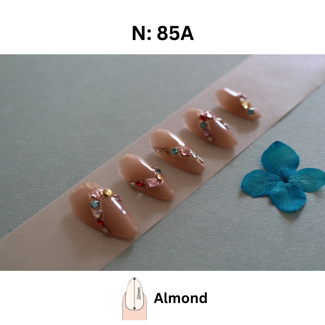 ✨N: 85 Almond Gemstone Nude Press-On Nails.