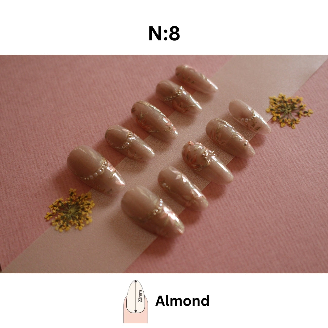 ✨ N: 8 Almond Nude Floral Foil Press-On Nails.