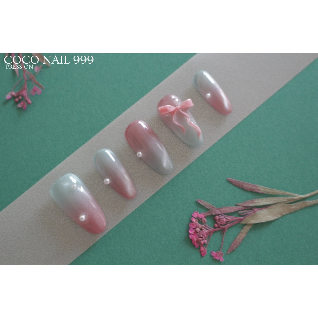 ✨ N°77 – Blush & Sage Pearl Bow Almond Press-On Nails