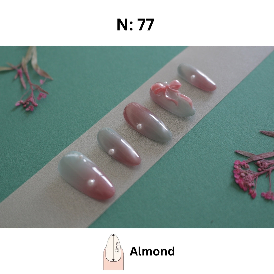 ✨ N°77 – Blush & Sage Pearl Bow Almond Press-On Nails