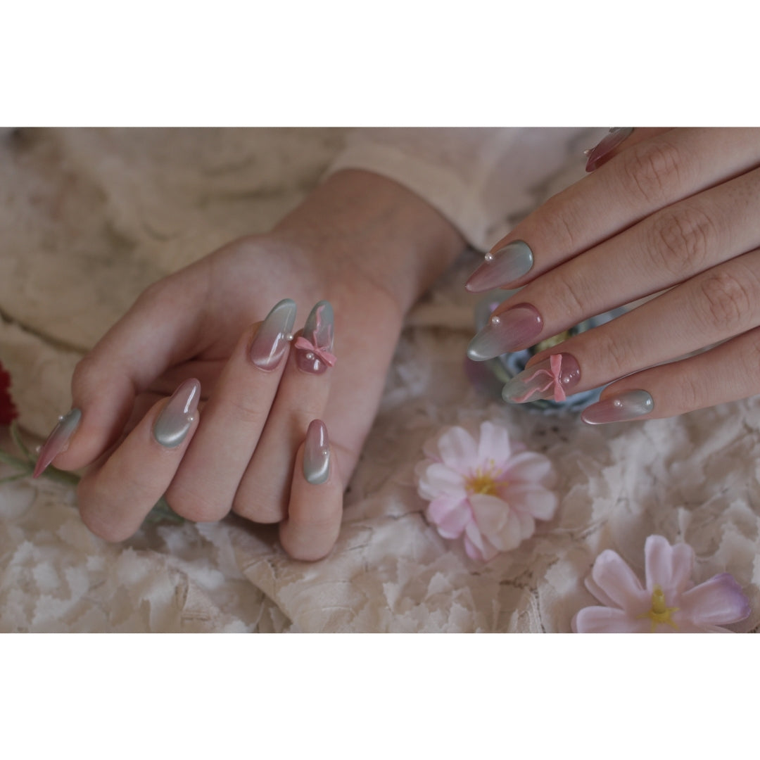 ✨ N°77 – Blush & Sage Pearl Bow Almond Press-On Nails