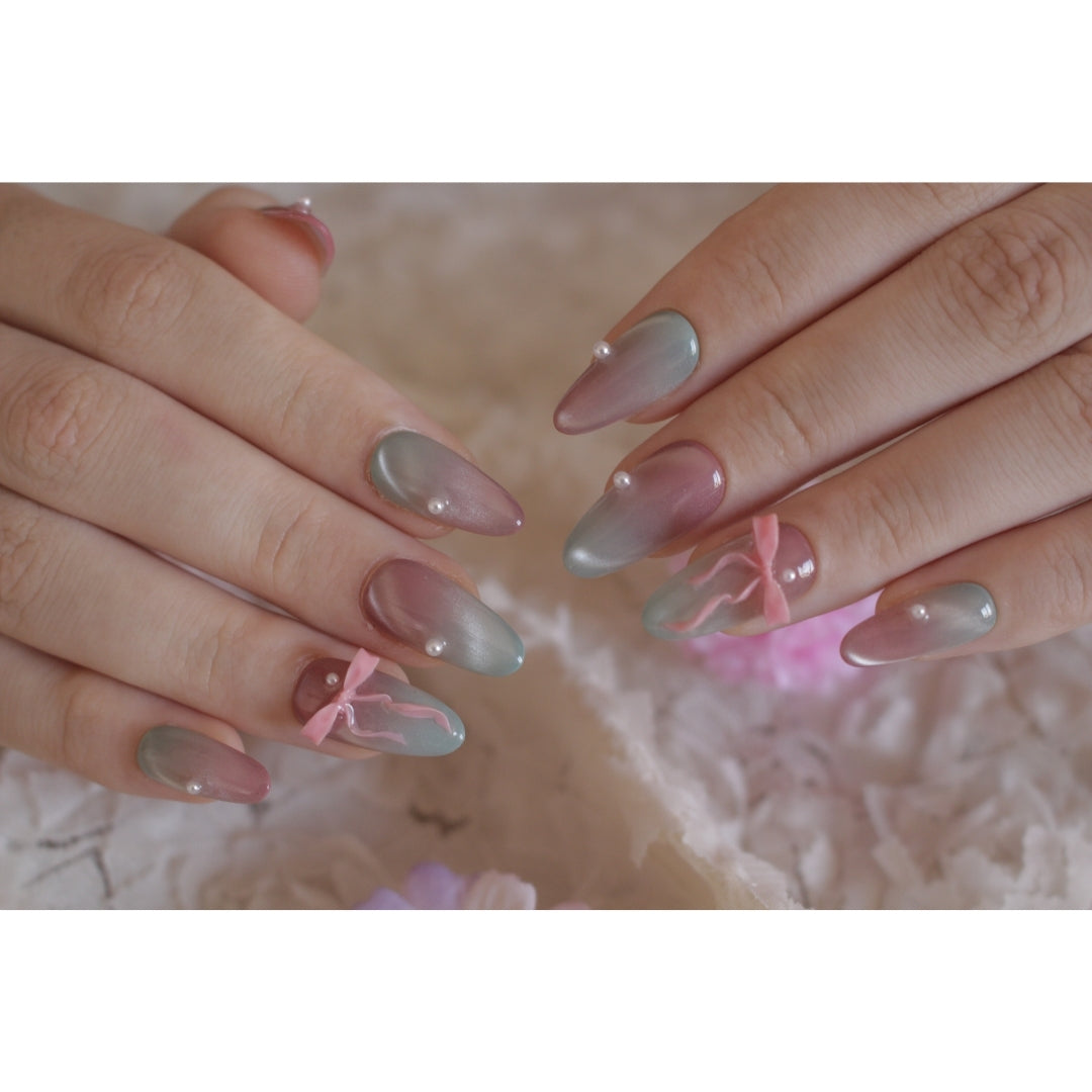 ✨ N°77 – Blush & Sage Pearl Bow Almond Press-On Nails