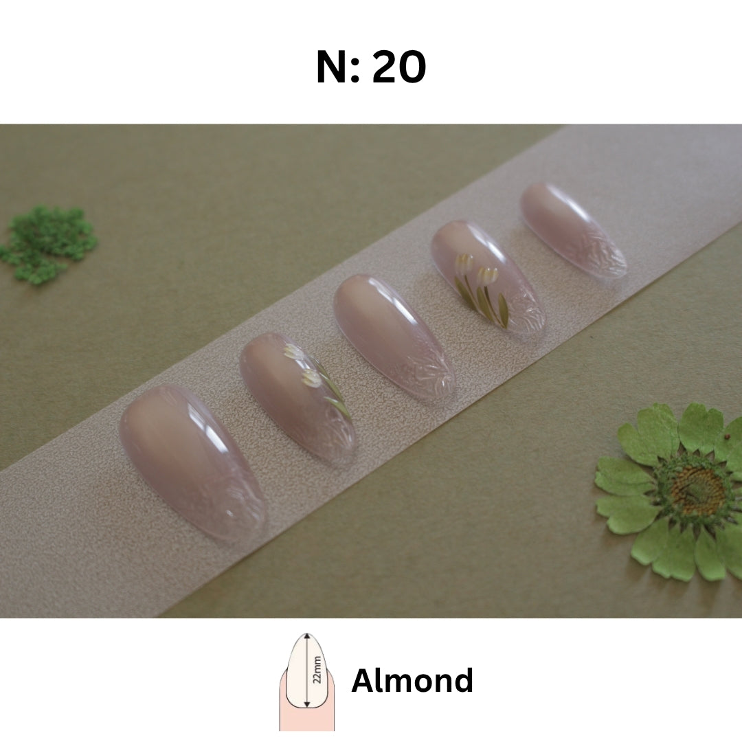 ✨ N°20 – Soft Nude Daisy Almond Press-On Nails