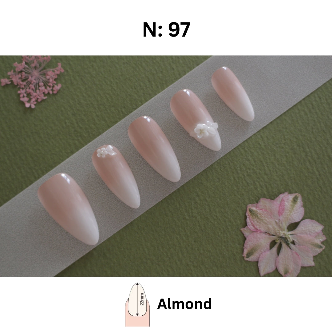 Romantic Nude & White Ombré Press-On Nails with 3D Flowers – Almond (N:97)