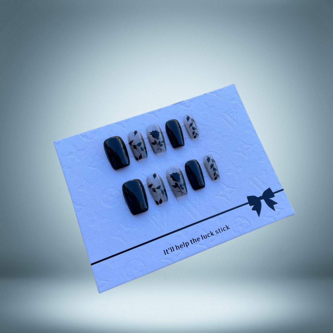 Square 17mm Floral Black Nails #48