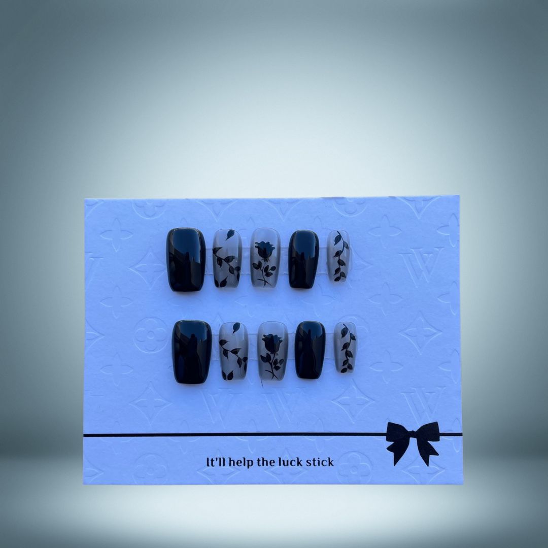 Square 17mm Floral Black Nails #48