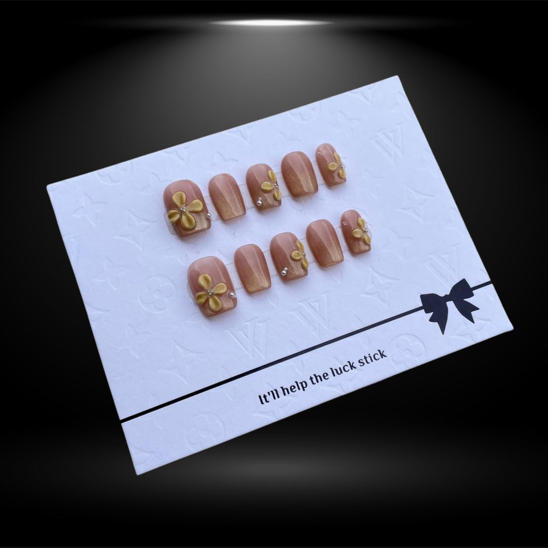 Square 14mm Glossy Jelly Press-On Nails with Gold Floral Accents #71