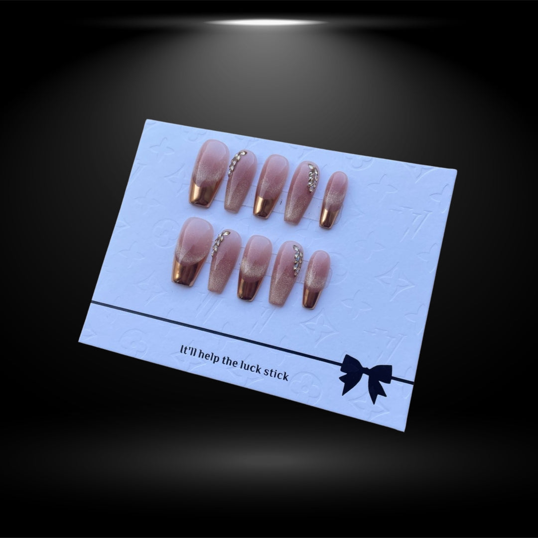 Coffin Long Bright Press-On Nails with Gold French and Jelly Finish27mm #N°A137