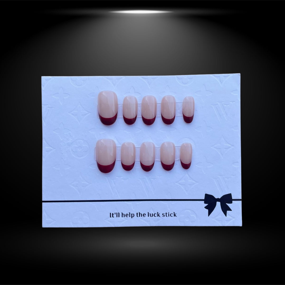 Oval Nude Press-On Nails with Red French Tips 16mm#N°A130-2