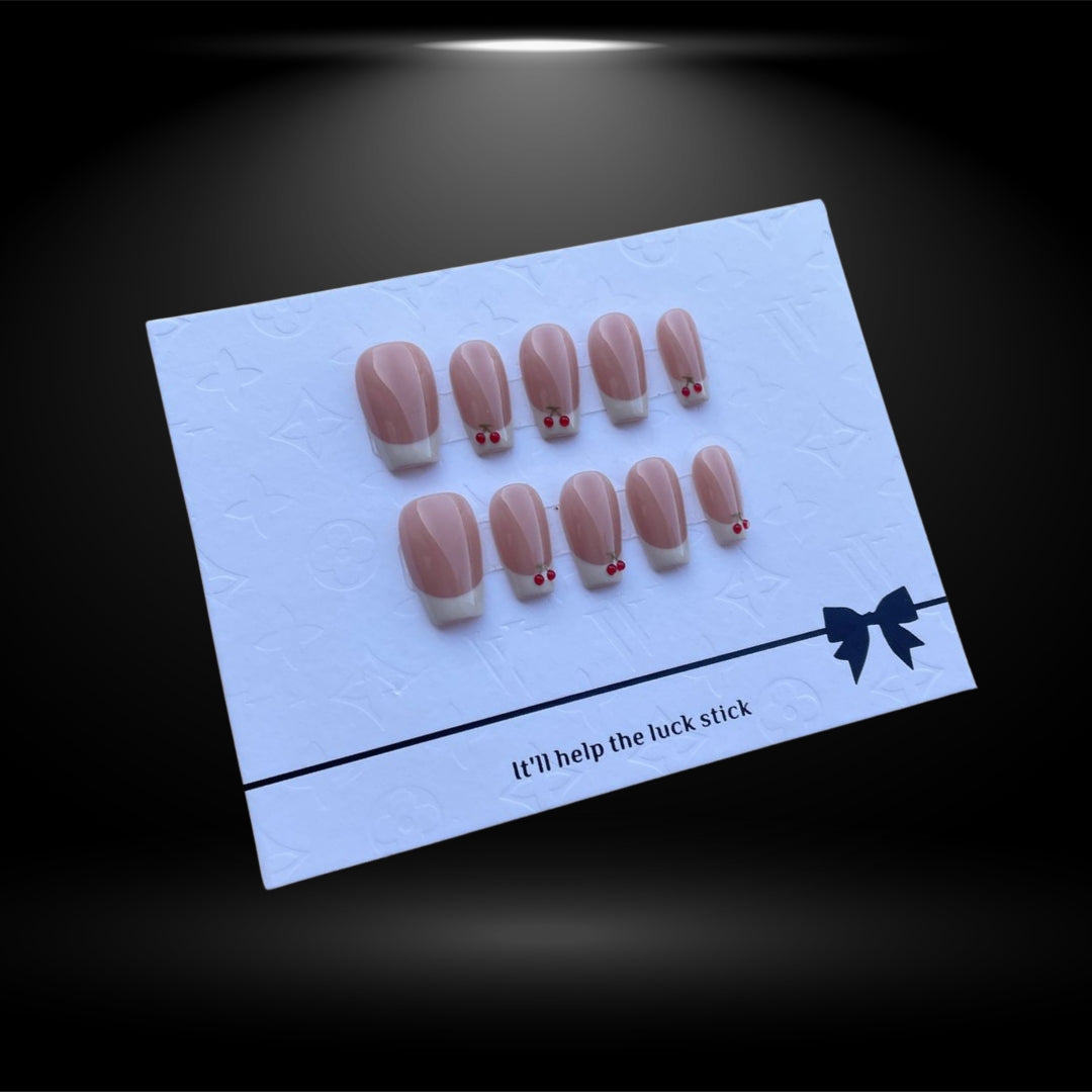 Short Coffin Nude Press-On Nails with White French Tips & Cherry #N°A133