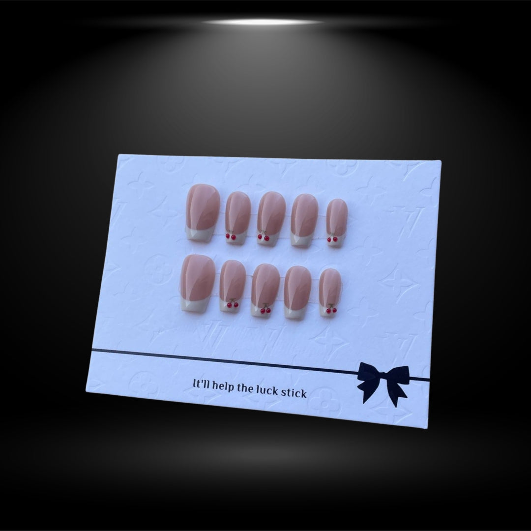 Short Coffin Nude Press-On Nails with White French Tips & Cherry #N°A133