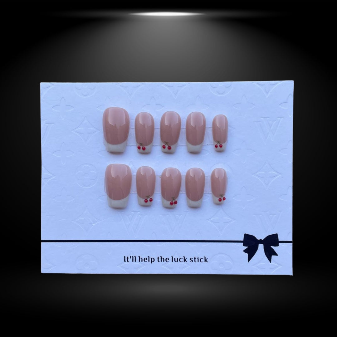 Short Coffin Nude Press-On Nails with White French Tips & Cherry #N°A133