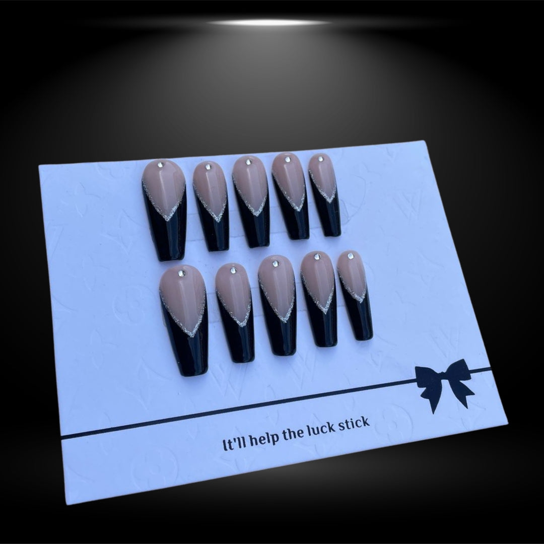 Coffin Press-On Nails with Nude and Black Elegance #74