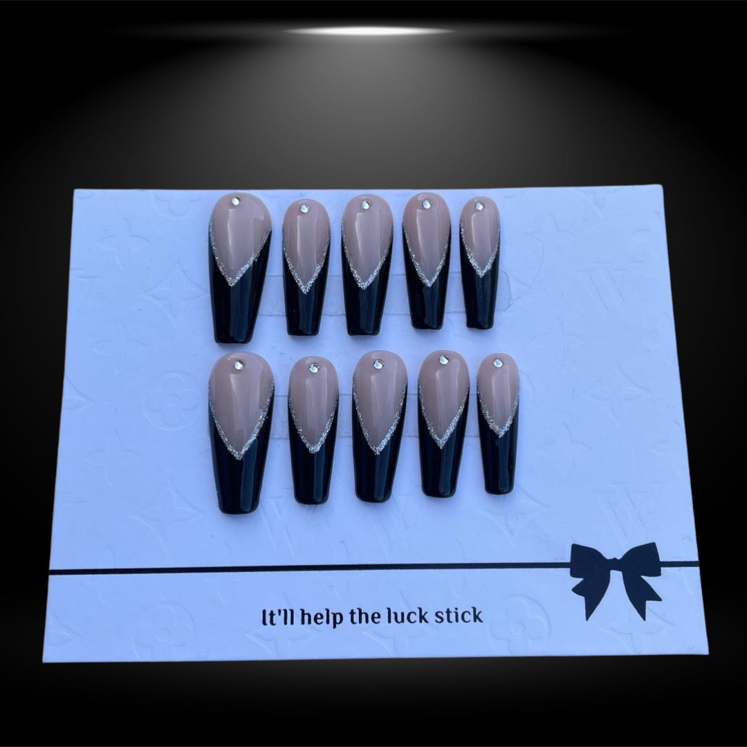 Coffin Press-On Nails with Nude and Black Elegance #74