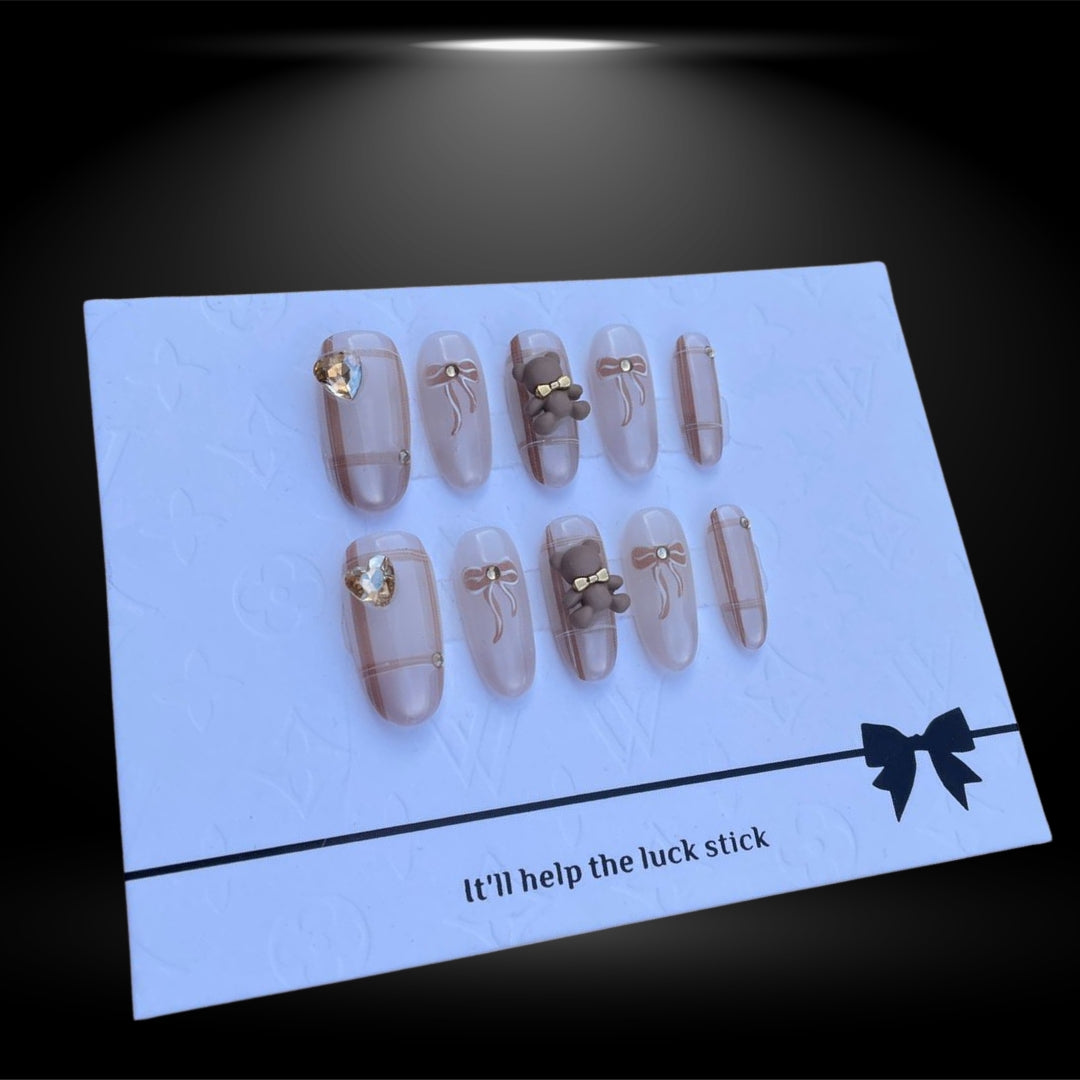 Oval Press-On Nails with Elegant Nude and 3D Bow Accents #34