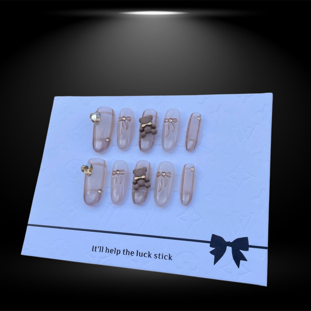 Oval Press-On Nails with Elegant Nude and 3D Bow Accents #34