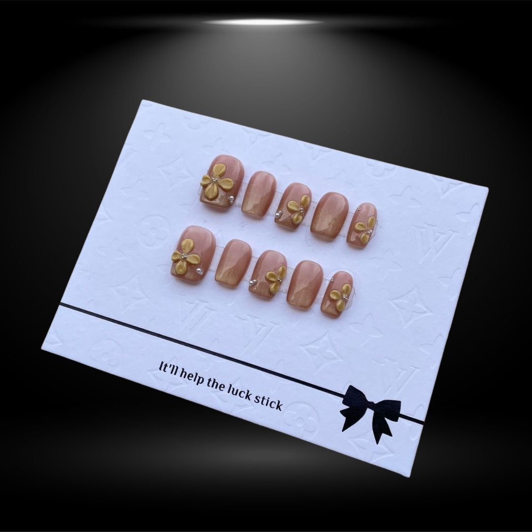 Square 14mm Glossy Jelly Press-On Nails with Gold Floral Accents #71