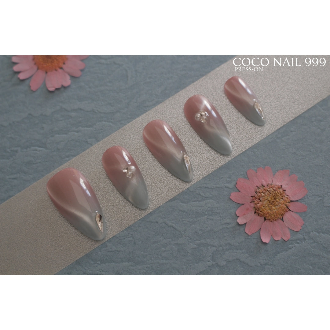 ✨N: 90 Almond Pink & Gray Ombre Pearl Press-On Nails.