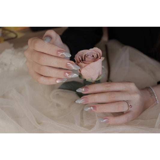 ✨N: 90 Almond Pink & Gray Ombre Pearl Press-On Nails.