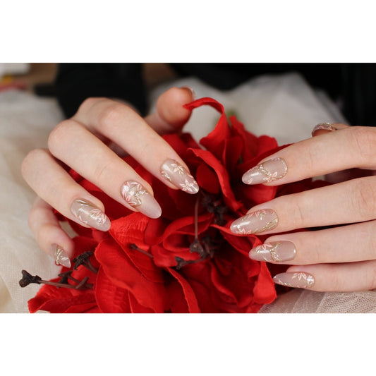 ✨ N: 8 Almond Nude Floral Foil Press-On Nails.