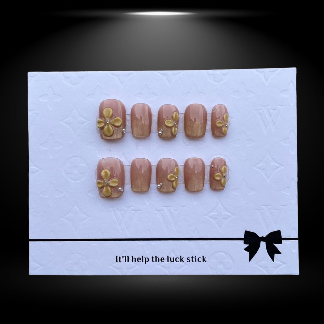 Square 14mm Glossy Jelly Press-On Nails with Gold Floral Accents #71