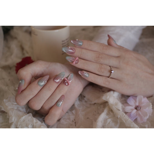 ✨ N°77 – Blush & Sage Pearl Bow Almond Press-On Nails