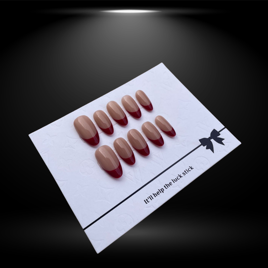 Nude Almond Press-On Nails with Red French Tips - 22mm