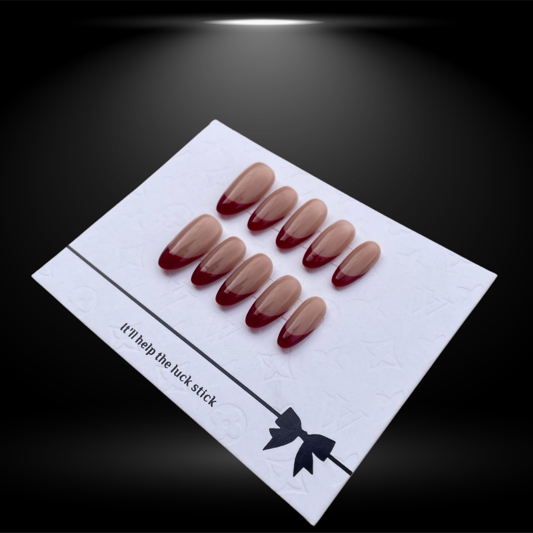 Nude Almond Press-On Nails with Red French Tips - 22mm