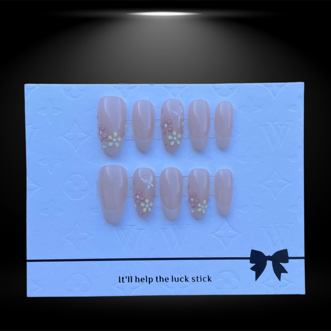 🌸 Soft Blossoms: Delicate Pink and White Floral Press-On Nails #83