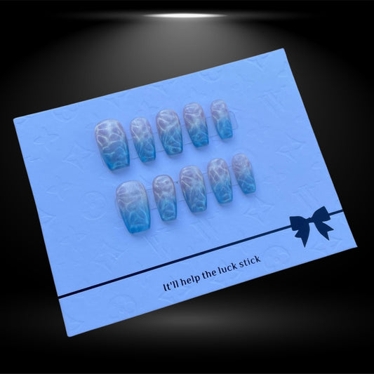 🌊✨ Coastal Vibes: Wavy Sea Blue Coffin Short Press-On Nails #125