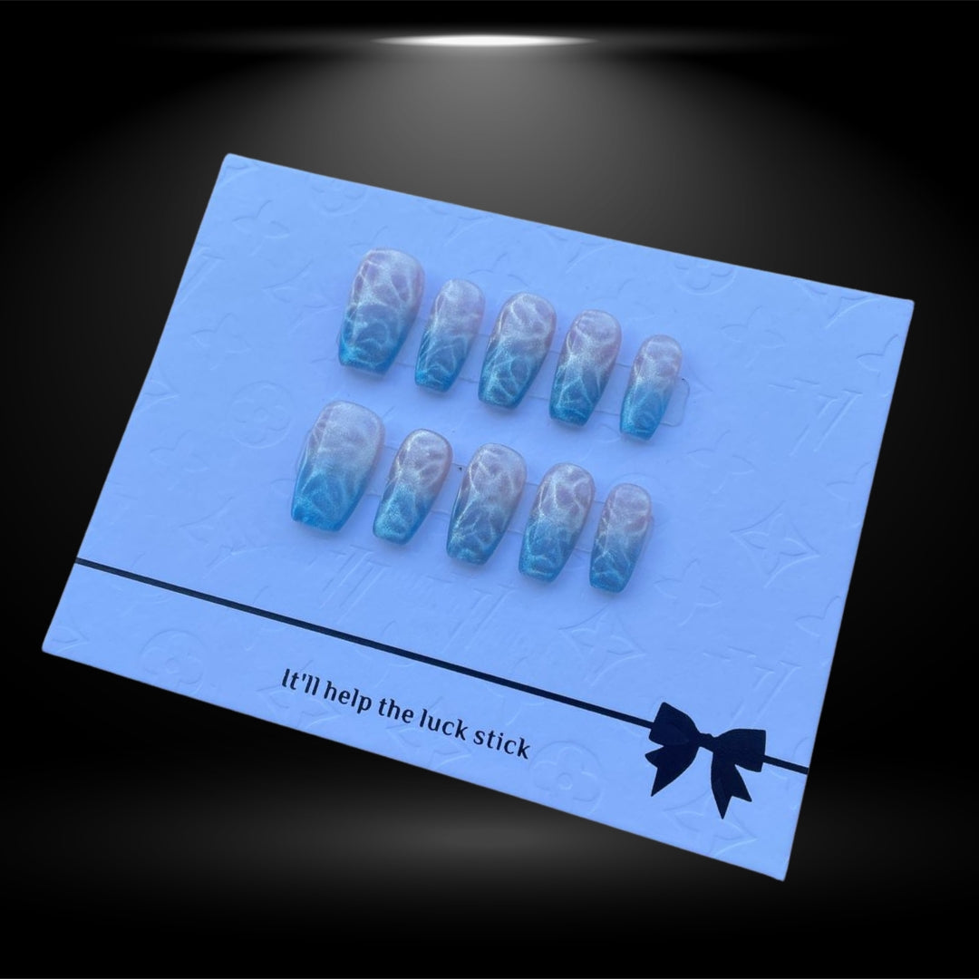 🌊✨ Coastal Vibes: Wavy Sea Blue Coffin Short Press-On Nails #125