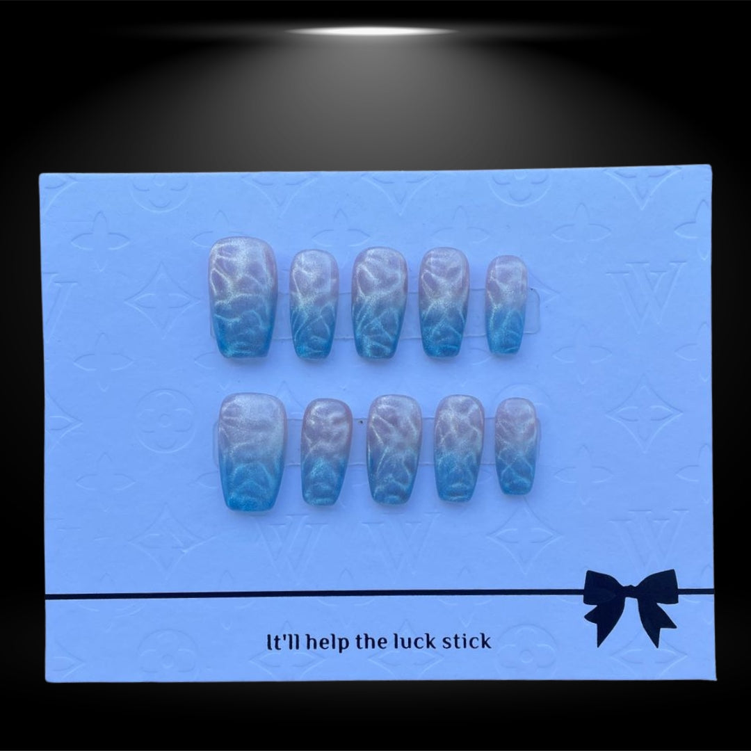 🌊✨ Coastal Vibes: Wavy Sea Blue Coffin Short Press-On Nails #125