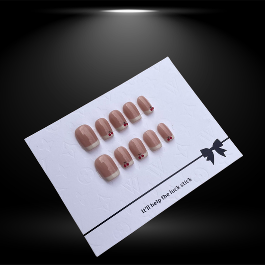 Nude Square Press-On Nails with White French Tips and Cherry Design - 14mm