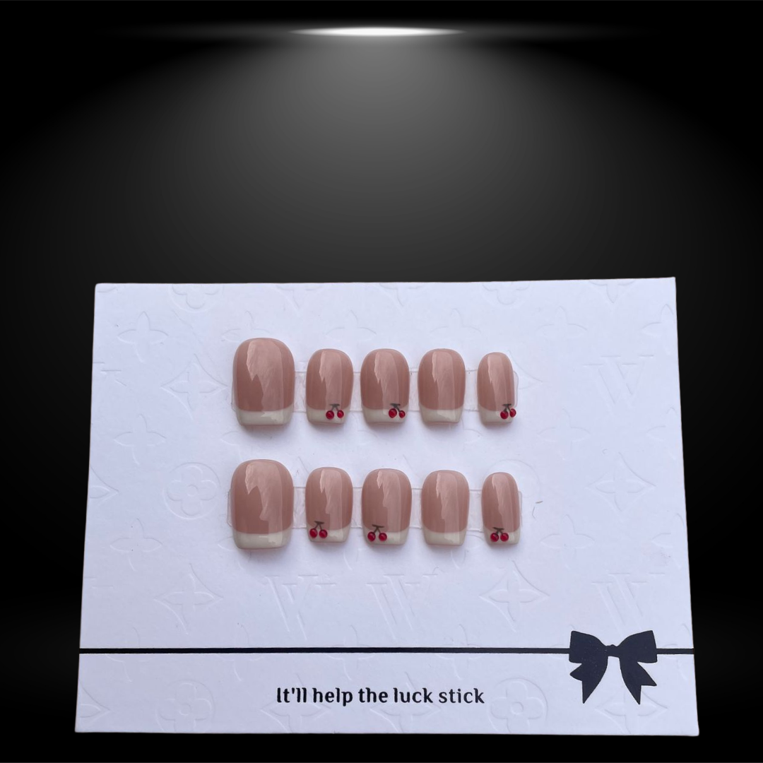 Nude Square Press-On Nails with White French Tips and Cherry Design - 14mm