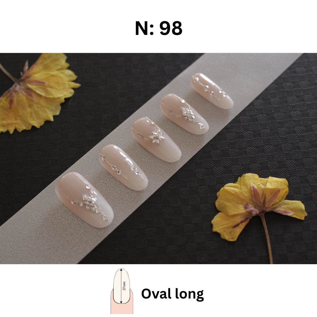 Elegant Nude & Silver Rhinestone Press-On Nails – Oval Long (N:98)
