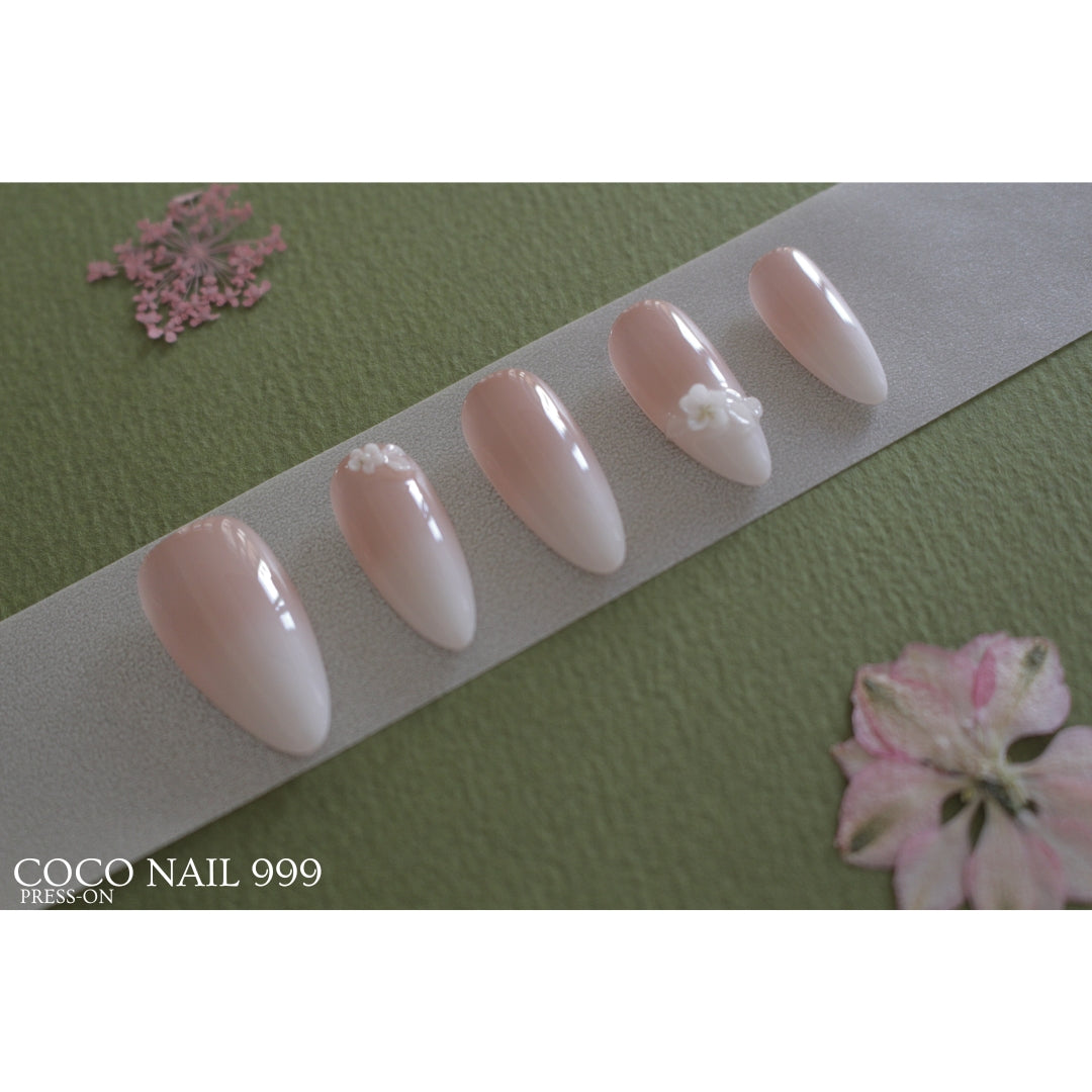 Romantic Nude & White Ombré Press-On Nails with 3D Flowers – Almond (N:97)