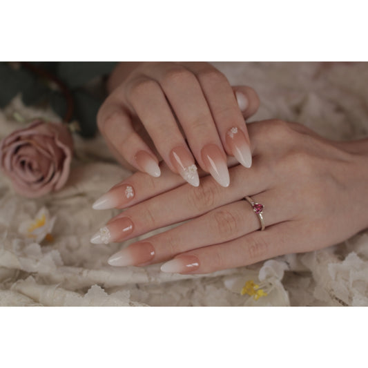 Romantic Nude & White Ombré Press-On Nails with 3D Flowers – Almond (N:97)