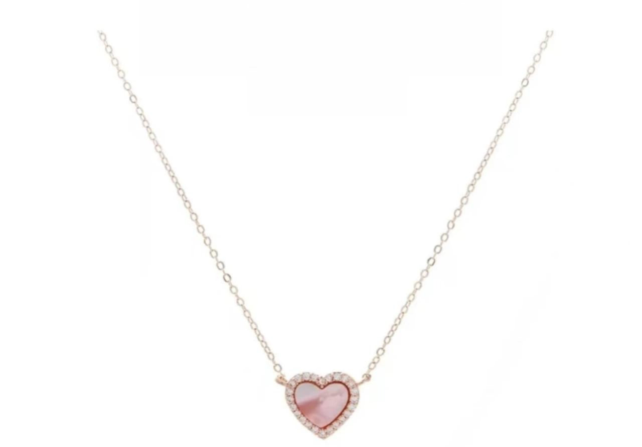 Timeless Elegance: Rose Gold Heart Necklace with Mother-of-Pearl and Cubic Zirconia.