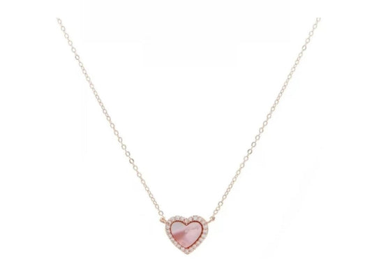 Timeless Elegance: Rose Gold Heart Necklace with Mother-of-Pearl and Cubic Zirconia.